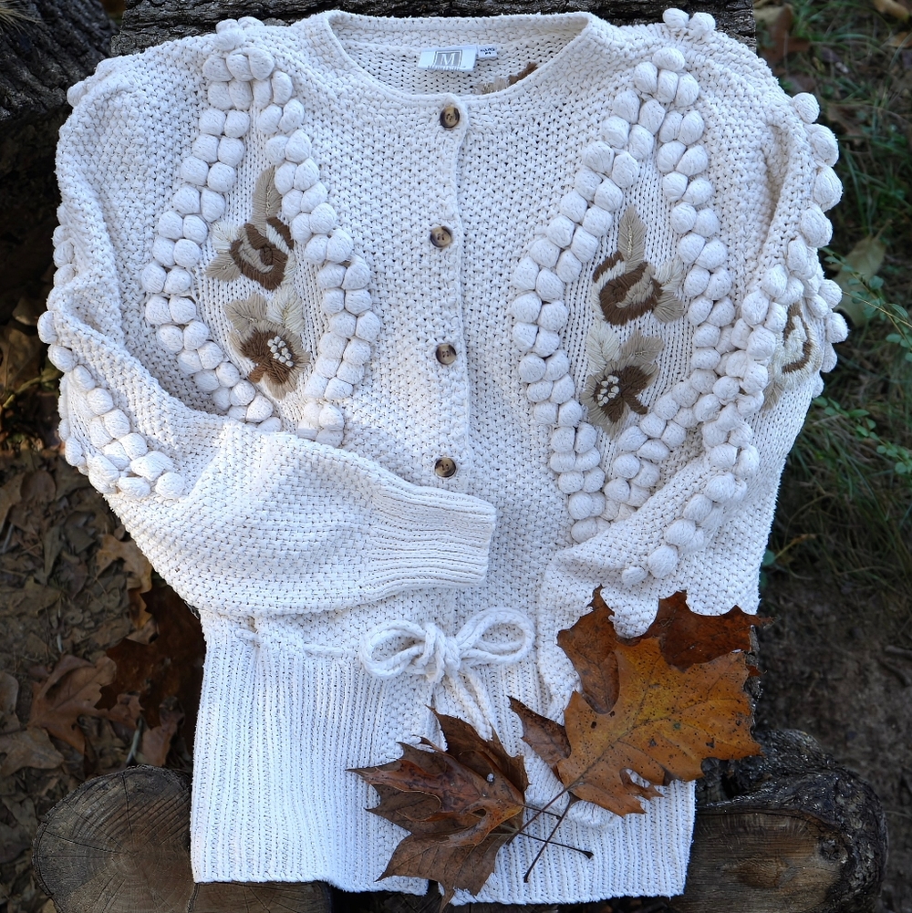 Vintage Silk Cardigan, Knit Cozy Sweater, Oversized, Embroidered, Popcorn